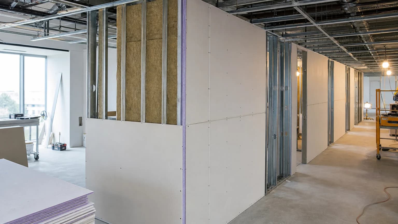 A commercial office corridor mid build-out with steel stud framing and fresh drywall panels installed, the kind of tenant improvement scope commercial drywall covers in Chester County, PA
