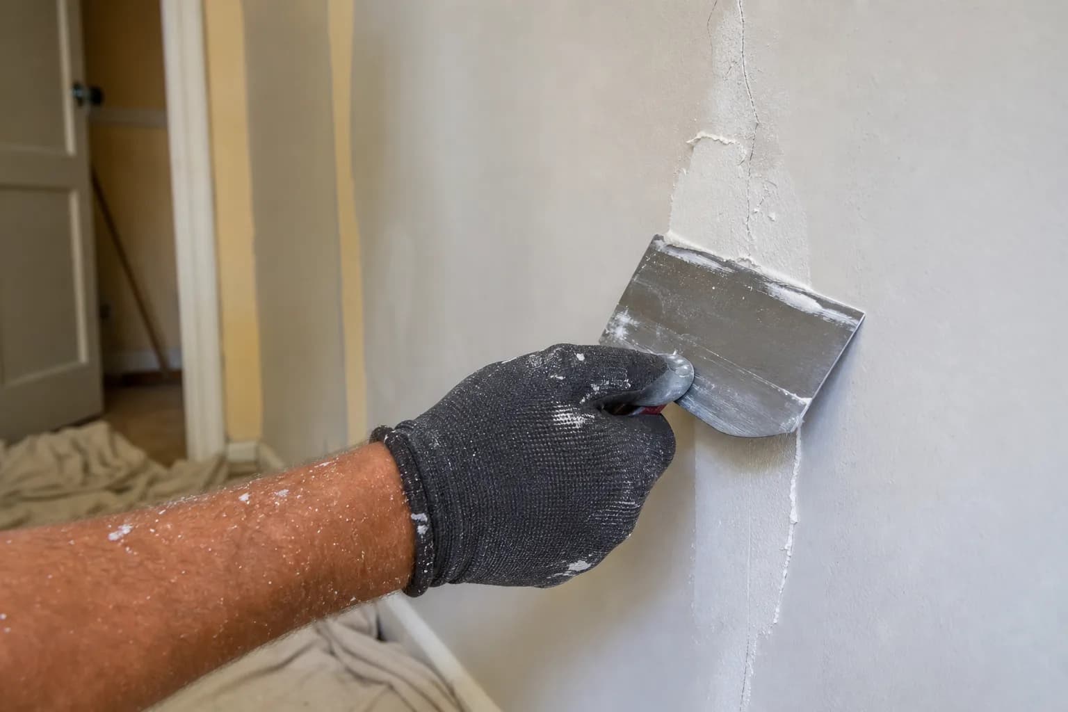 Contractor feathering joint compound over a repaired wall crack with a taping knife during a drywall crack repair