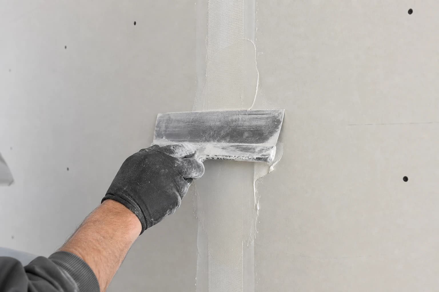 Drywall finisher's gloved hand applying joint tape and compound over a seam in newly hung drywall