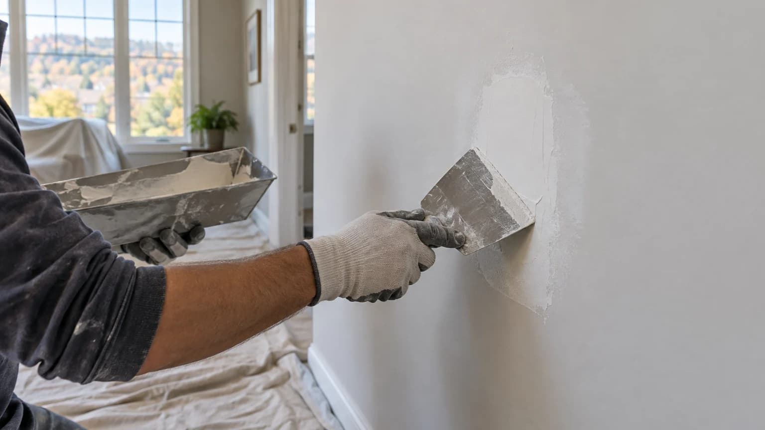 Gloved drywall finisher spreading joint compound over a wall patch with a broad knife