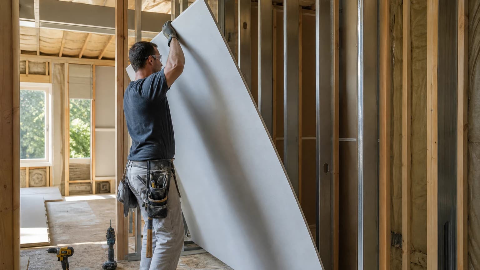 Drywall installer lifting a large sheet of drywall against open wall framing, the first step of drywall installation in Chester County, PA room addition