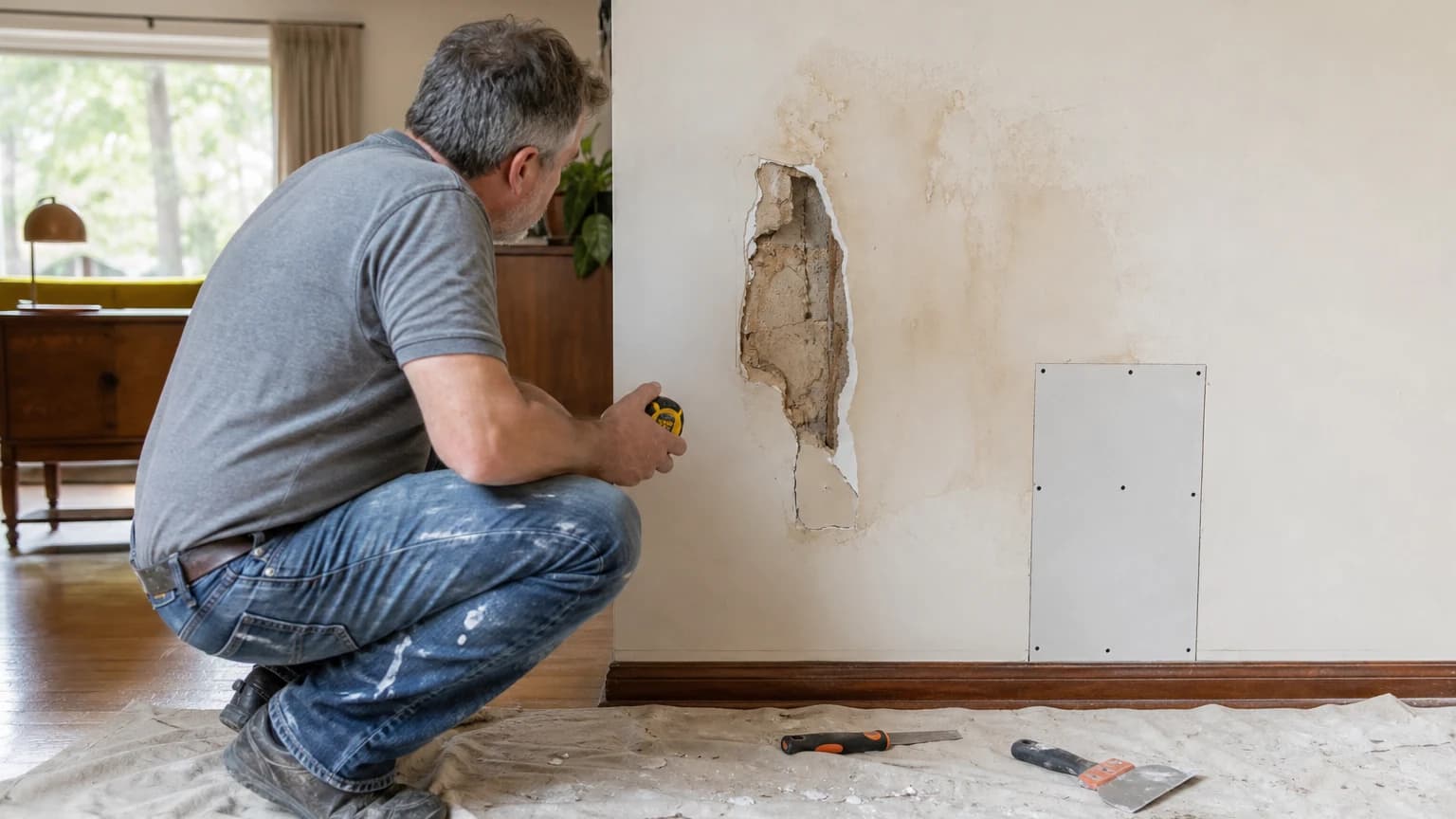 A contractor comparing a large water-damaged opening to a small drywall patch on the same wall, the kind of side-by-side that decides drywall repair vs. replacement in a Chester County, PA home