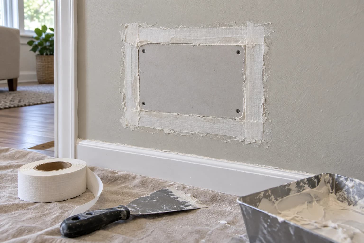 Illustrative drywall insert with visible screws and tape at its edges before finish coats