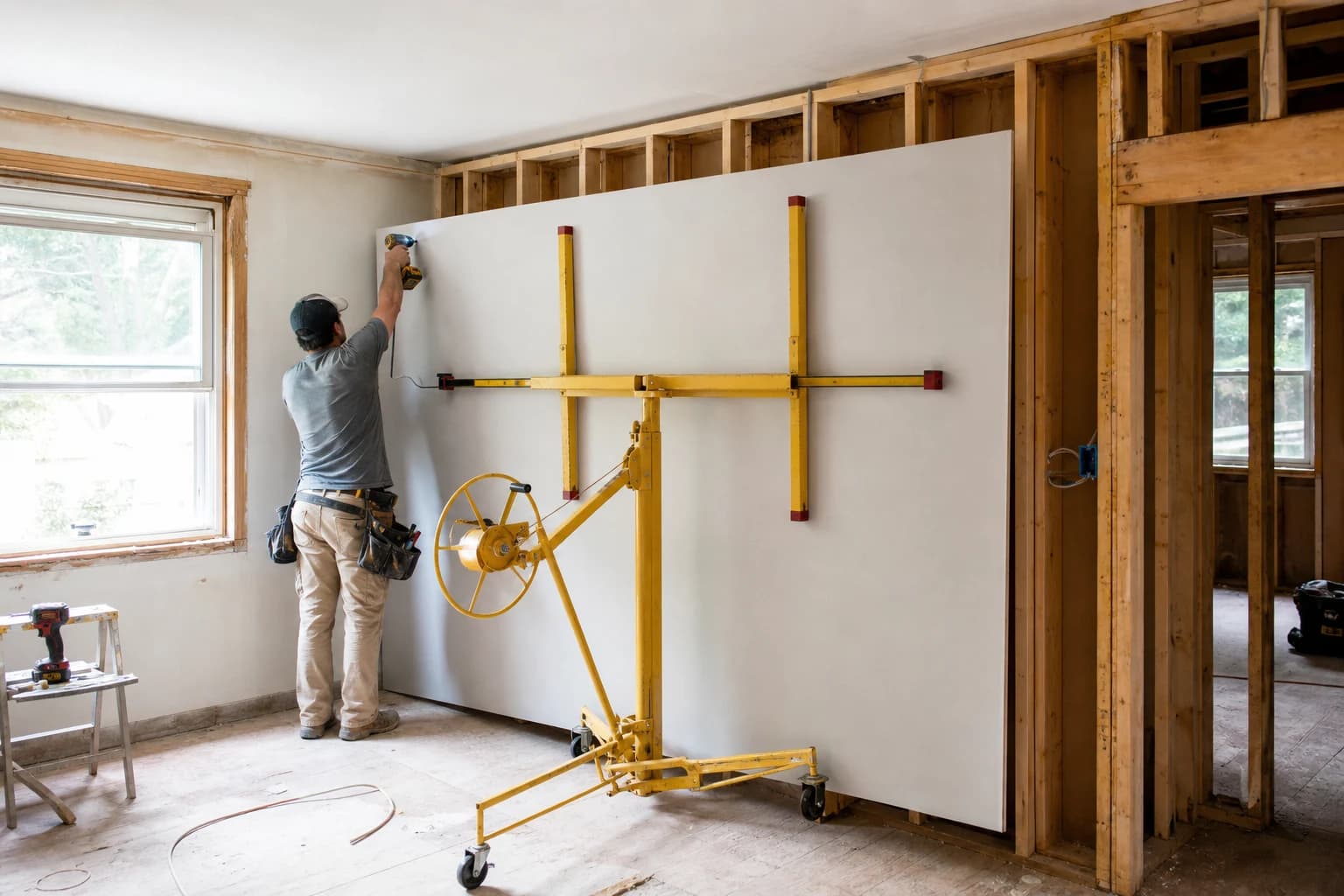 Contractor lifting and fastening a full new sheet of drywall onto exposed wall studs during a wall replacement in a Main Line, PA home