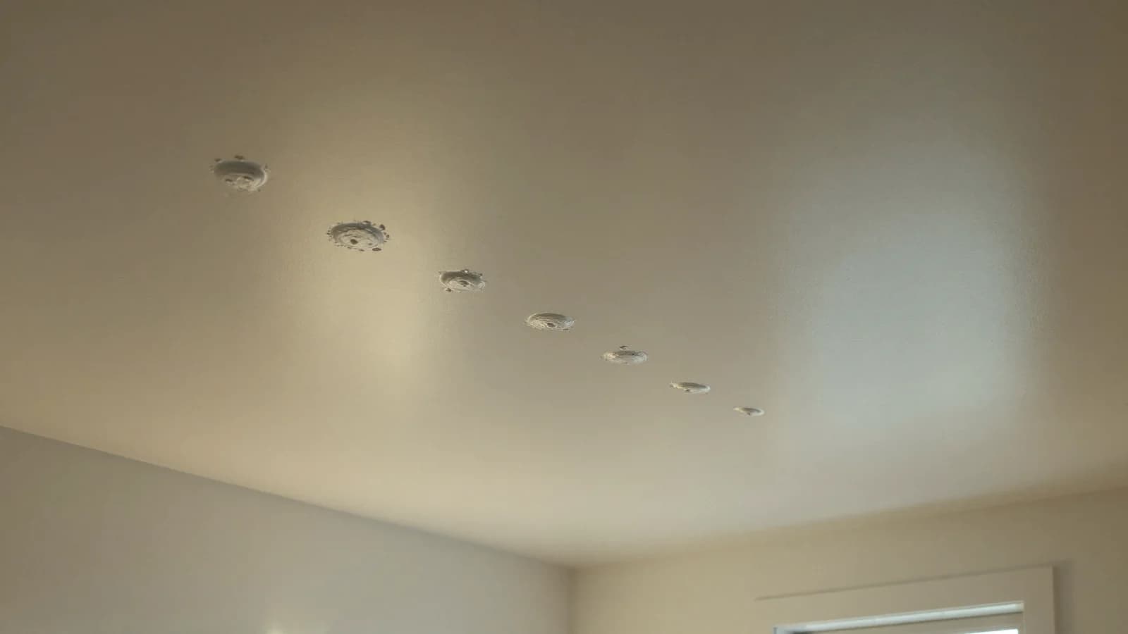 Row of nail pops in drywall on a painted ceiling, lit from the side