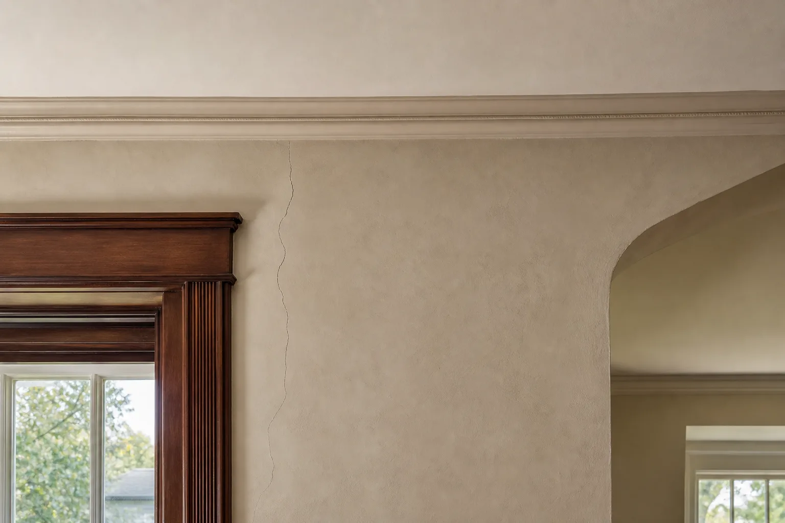 Hairline plaster wall crack near a window trim in an older Main Line, PA period home with traditional plaster construction