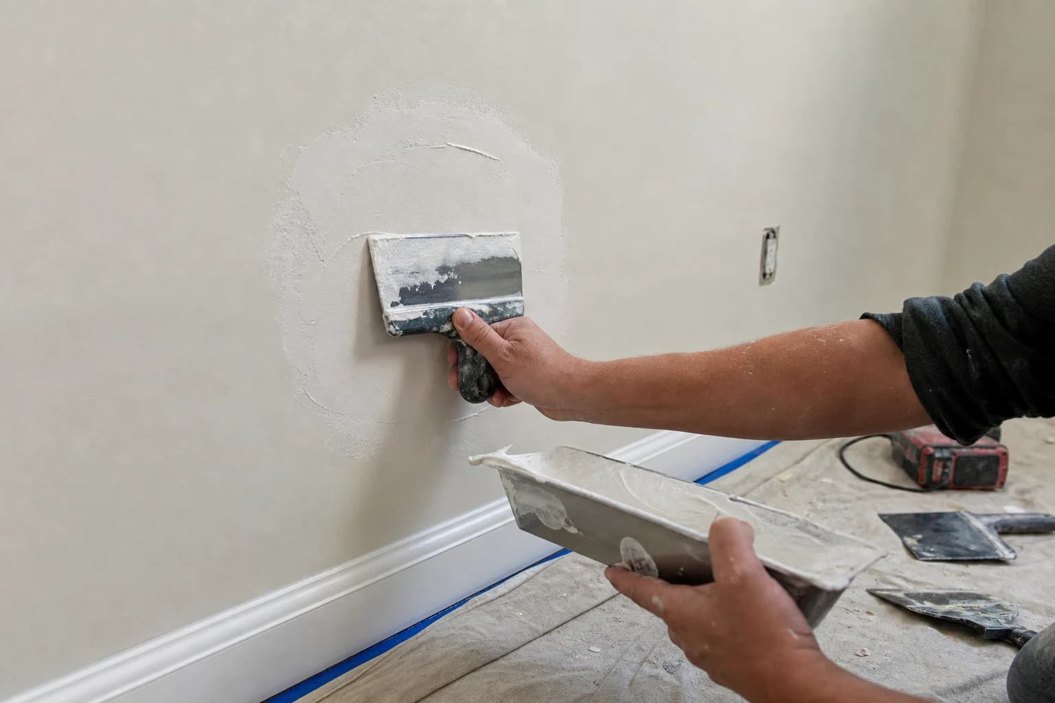Contractor feathering joint compound over a small drywall patch with the surrounding wall left undisturbed, the kind of isolated damage suited to repair rather than replacement