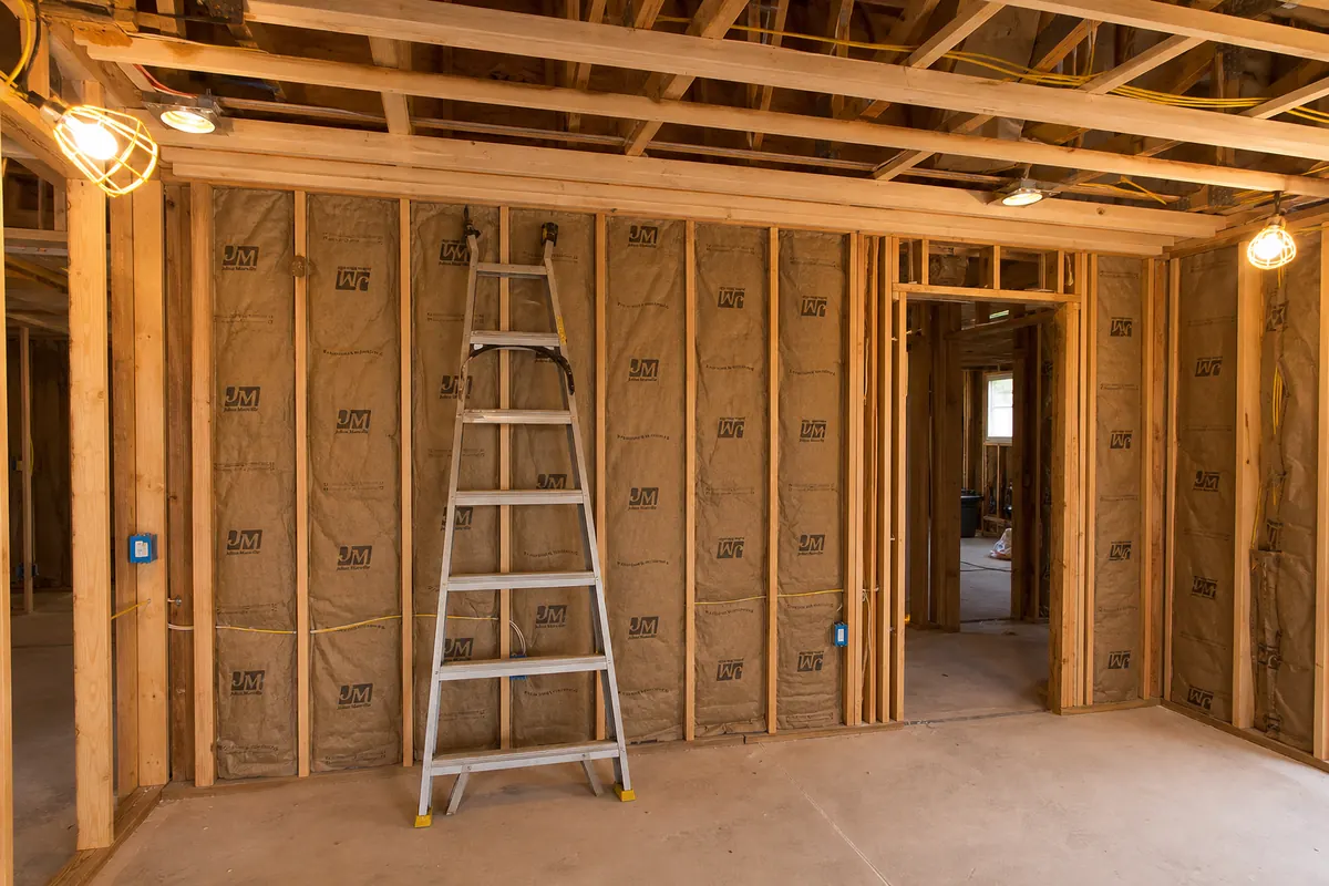 Before — bare wall studs and framing ready for drywall installation