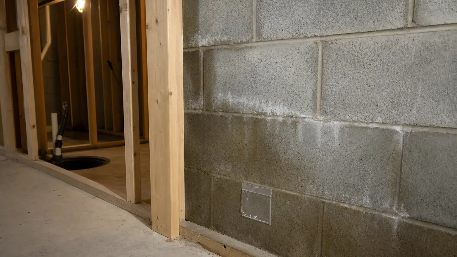 Unfinished basement foundation wall with visible moisture staining and a taped test square, checked before basement finishing in Chester County, PA