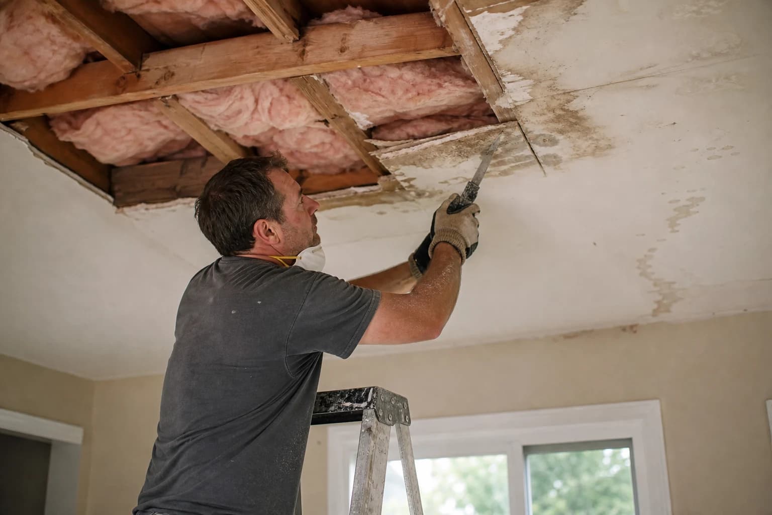 Contractor cutting out a water-damaged section of ceiling drywall back to solid material during a ceiling repair in a Main Line, PA home