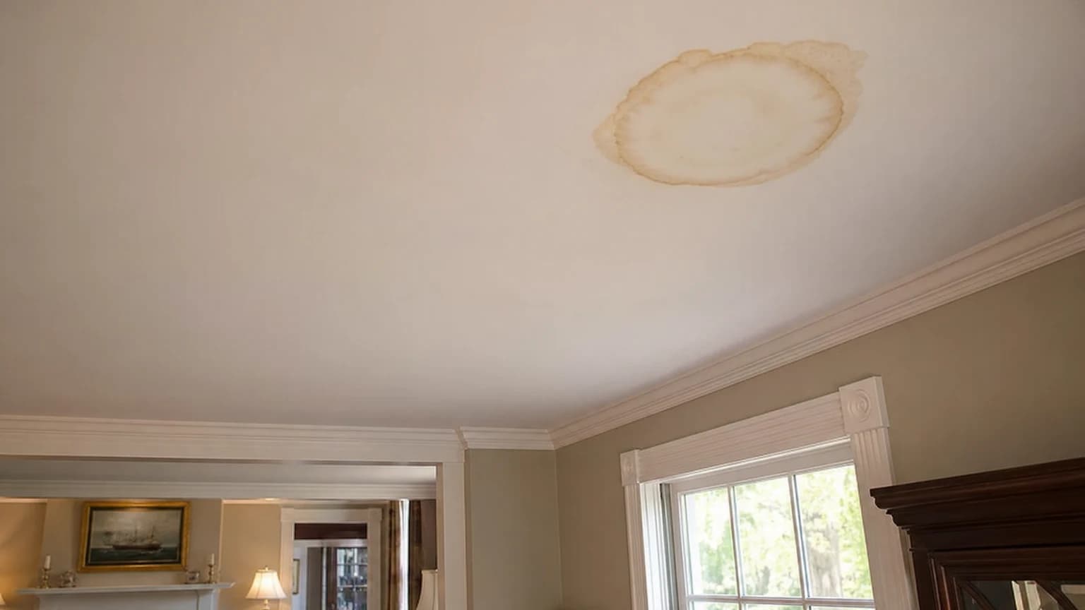 A ceiling water stain ring in a Chester County, PA living room — the kind of damage that typically needs a full ceiling repair rather than just paint