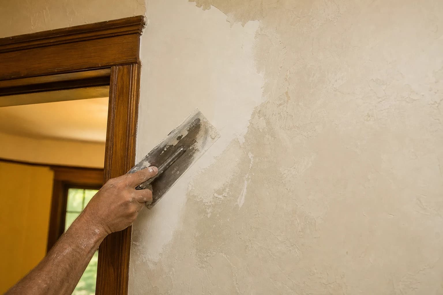 A contractor troweling joint compound to blend a drywall patch into an older plaster wall near a wood-trimmed doorway in a Main Line, PA home