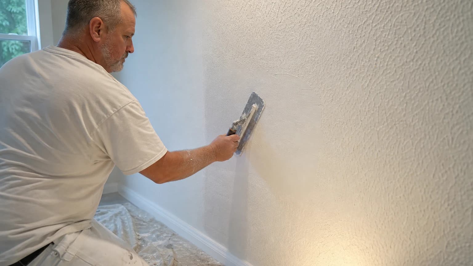 A contractor troweling knockdown texture onto a freshly patched section of drywall, the drywall texture matching step that decides whether a repair disappears into a Chester County, PA wall