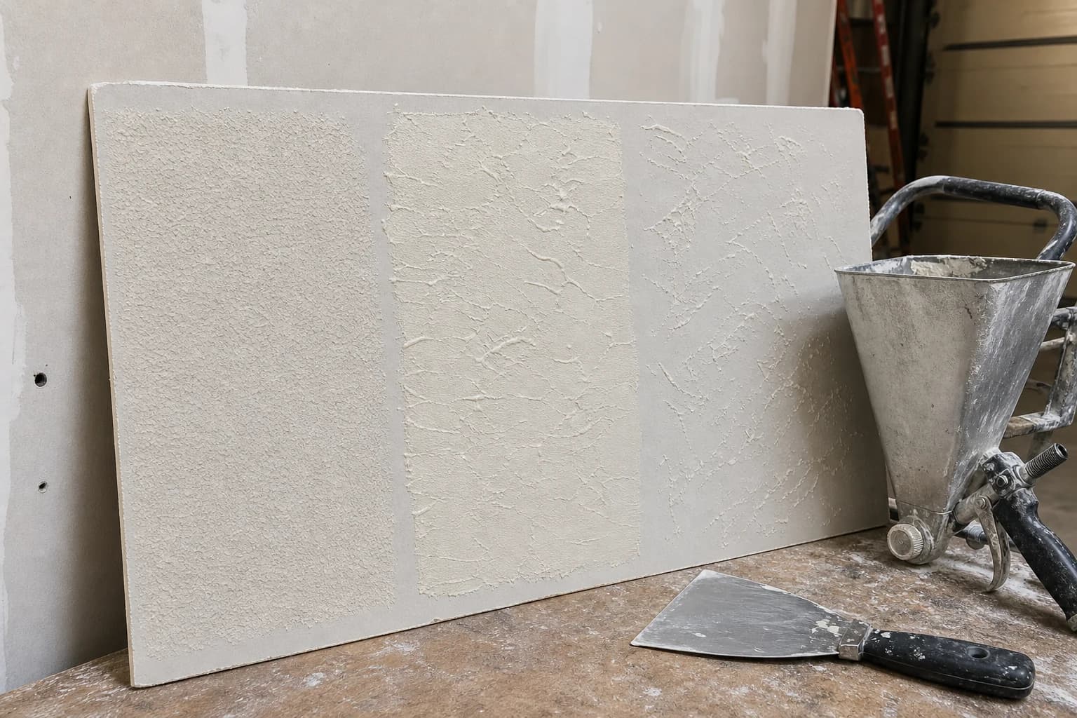 A drywall test board with three side-by-side texture samples — orange peel, knockdown, and skip trowel — next to a hopper gun and taping knife, the kind of test step accurate texture matching depends on