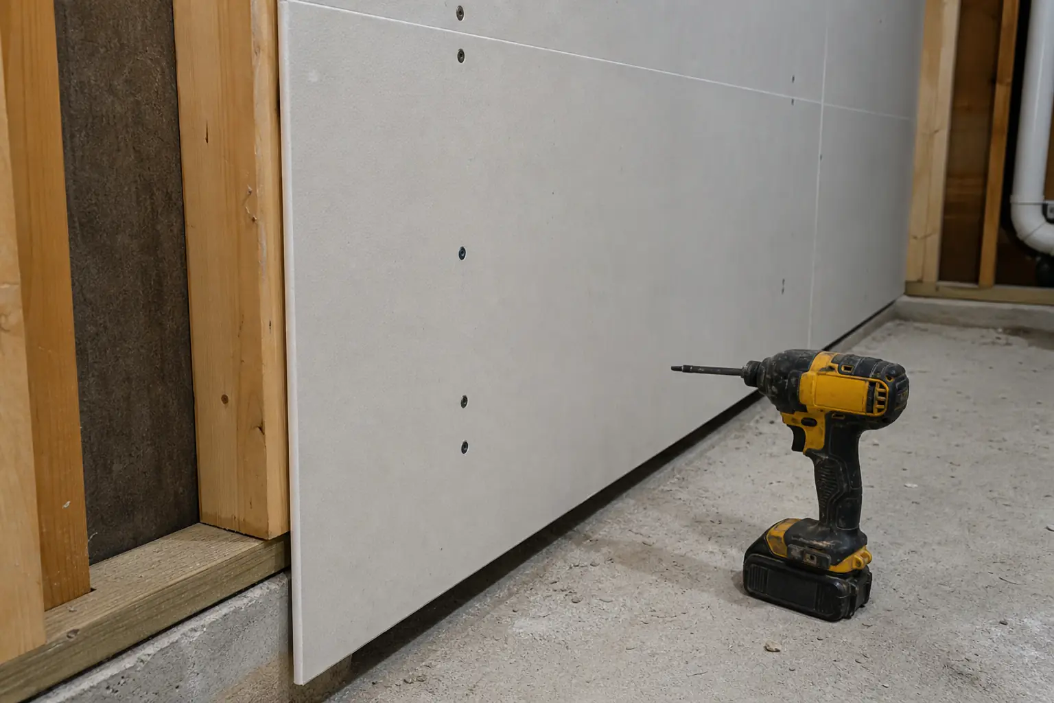 Contractor installing paperless, moisture-resistant drywall panels on a basement wall, panel raised slightly off the concrete floor
