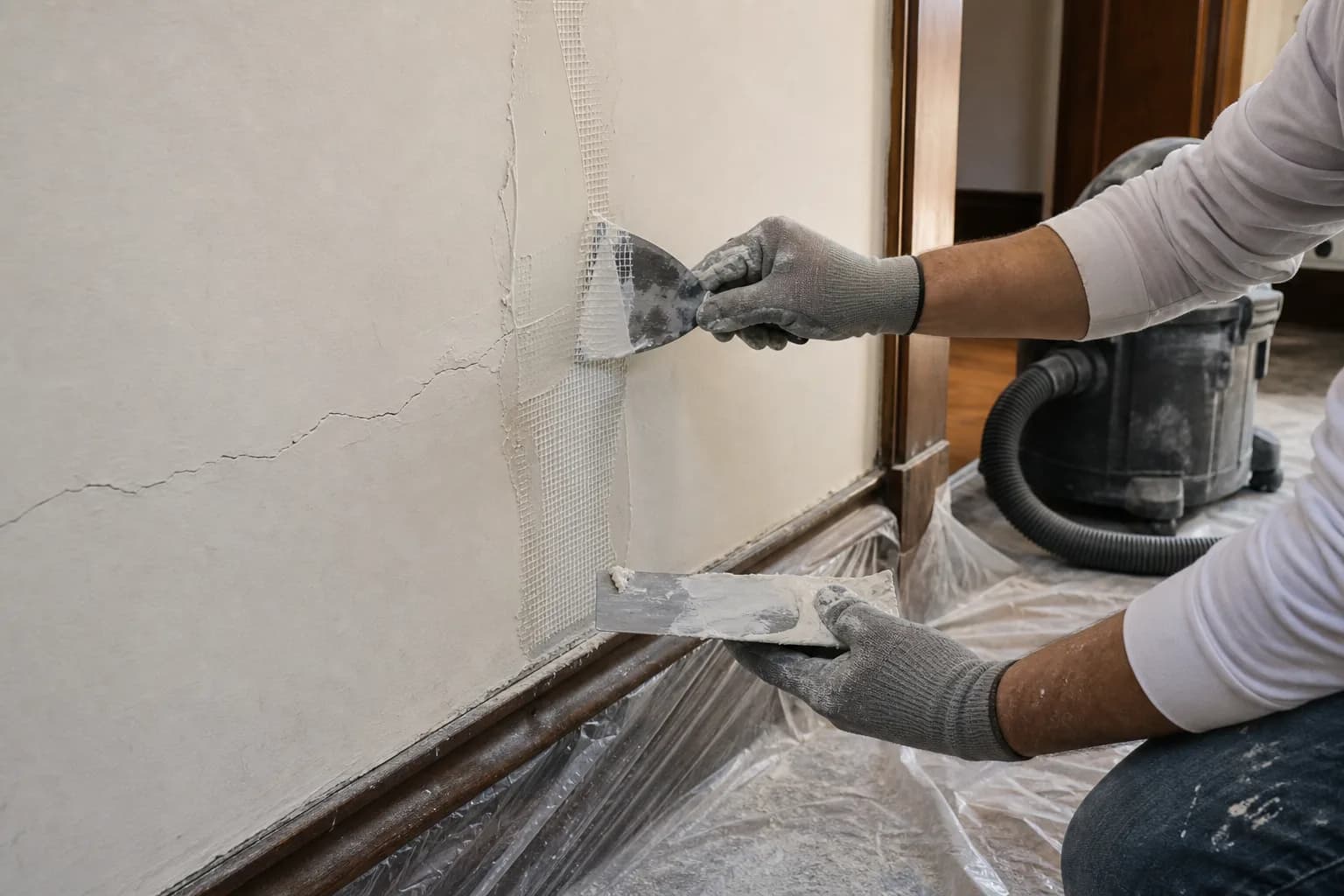 Gloved hands bedding fiberglass mesh tape in joint compound over a long crack in an older painted plaster wall, with plastic sheeting and a HEPA vacuum set up for dust control