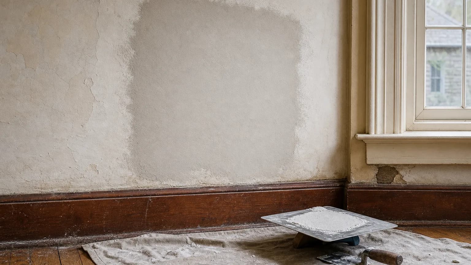 A freshly patched section of hard plaster wall beside a wood window and baseboard in an older home, with a plasterer's hawk and trowel on a drop cloth, the kind of plaster repair common in Chester County, PA