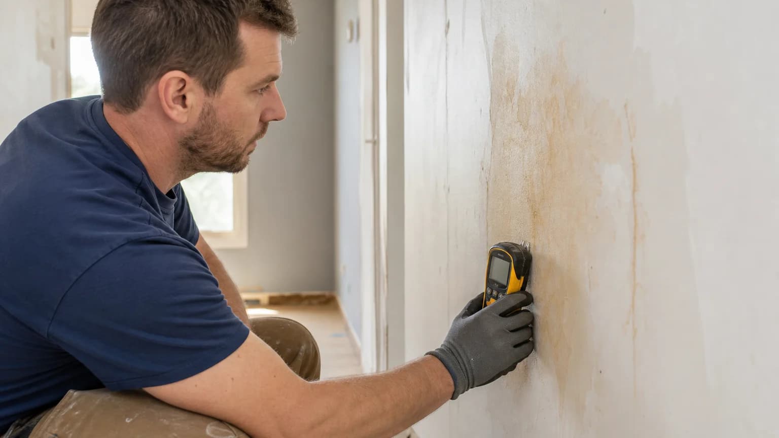 Gloved contractor pressing a moisture meter probe against a water-stained drywall wall to check how far water has traveled before a water-damage drywall repair