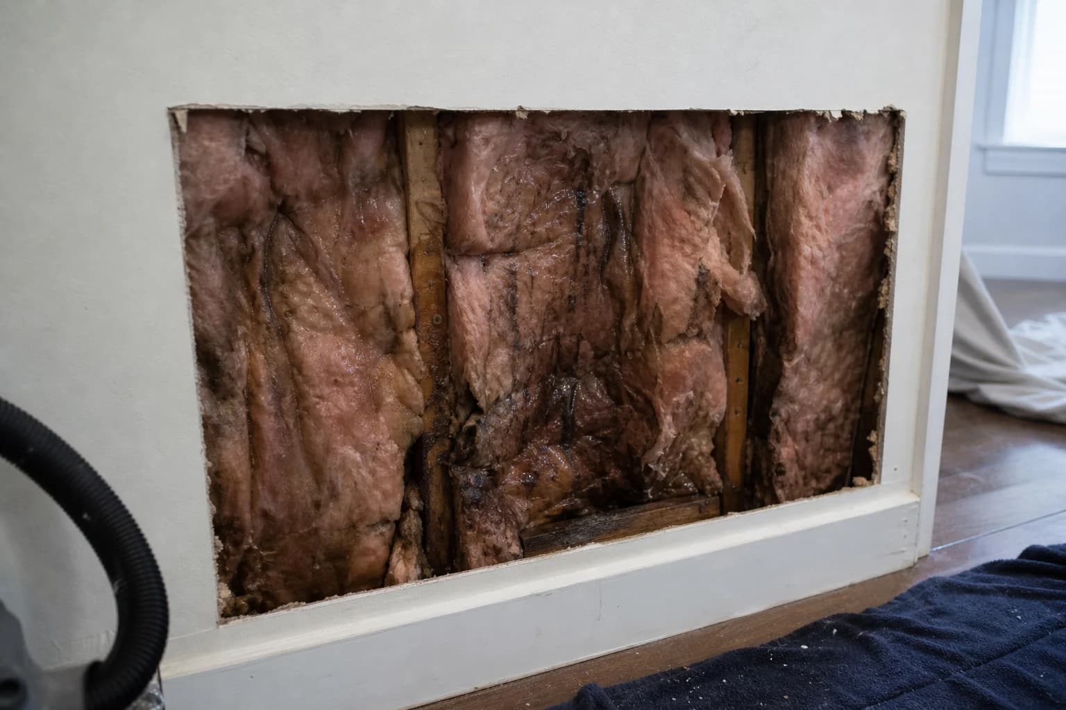 Water-damaged drywall cut open along a wall, exposing wet fiberglass insulation behind it before a water-damage drywall repair