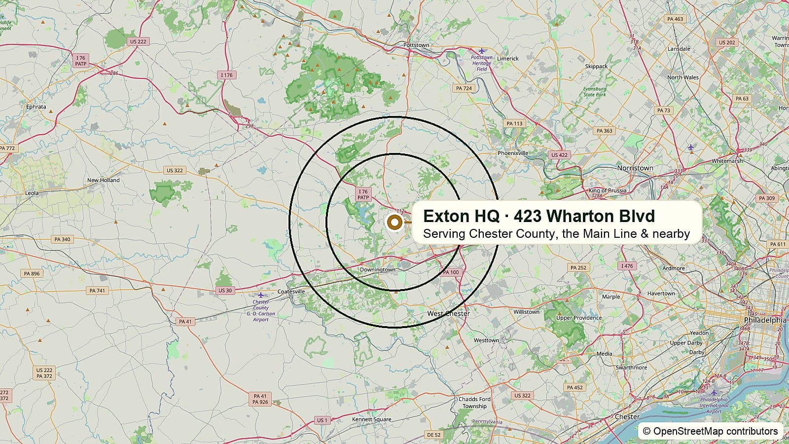 Map showing Main Line Drywall headquarters at 423 Wharton Blvd in Exton, Pennsylvania and the surrounding service area.
